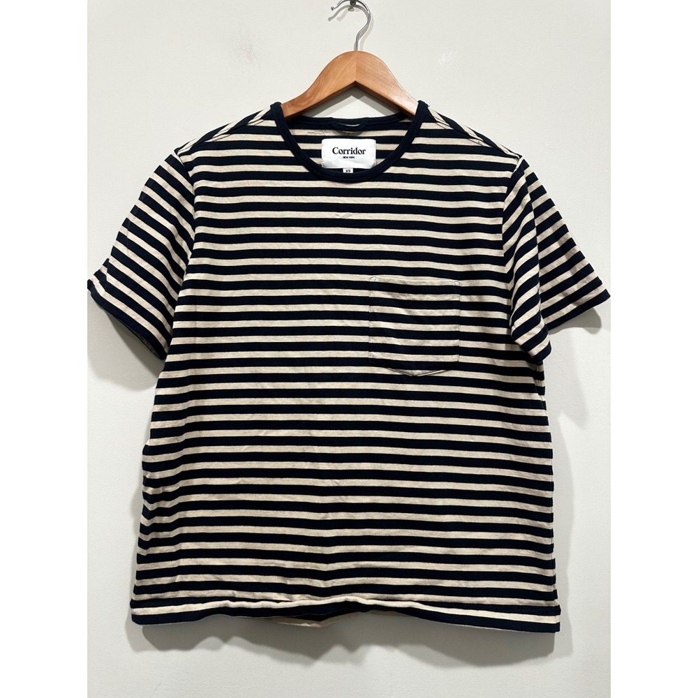 Corridor New York Striped Pocket Shirt Navy Tan Organic Cotton Portugal Mens XS